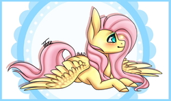 Size: 646x383 | Tagged: safe, artist:blitsazalisdash, artist:inspiredpixels, fluttershy, pegasus, pony, g4, blushing, female, prone, solo