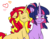 Size: 1024x802 | Tagged: safe, artist:pinkphloyd, sunset shimmer, twilight sparkle, alicorn, pony, unicorn, g4, alternate hairstyle, blushing, eyes closed, female, heart, lesbian, mare, ship:sunsetsparkle, shipping, simple background, story in the source, story included, twilight sparkle (alicorn)