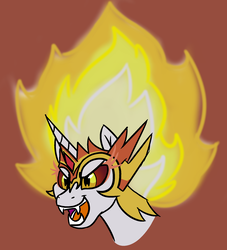 Size: 1796x1979 | Tagged: safe, artist:jen-neigh, daybreaker, pony, a royal problem, g4, bust, fangs, female, mane of fire, red background, simple background, solo