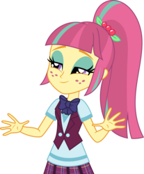 Size: 3000x3618 | Tagged: safe, artist:aqua-pony, sour sweet, equestria girls, g4, bowtie, clothes, crystal prep academy uniform, female, freckles, high res, lidded eyes, school uniform, simple background, smiling, solo, transparent background, vector