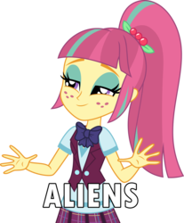 Size: 3000x3618 | Tagged: safe, sour sweet, alien, equestria girls, g4, ancient aliens, caption, female, giorgio a. tsoukalos, high res, image macro, meme, simple background, solo, text, transparent background