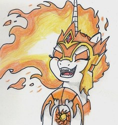 Size: 527x559 | Tagged: safe, artist:kuroneko, derpibooru exclusive, daybreaker, alicorn, pony, a royal problem, g4, female, fire, mane of fire, simple background, solo, traditional art, white background