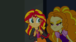 Size: 1280x714 | Tagged: safe, screencap, adagio dazzle, sunset shimmer, equestria girls, g4, my little pony equestria girls: rainbow rocks, clothes, jacket, jewelry, necklace