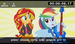 Size: 1024x600 | Tagged: safe, edit, edited screencap, screencap, rainbow dash, sunset shimmer, cinemare sins, equestria girls, g4, my little pony equestria girls: rainbow rocks, everything right/wrong with, guitar, ponied up, text