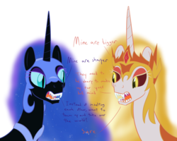 Size: 1000x800 | Tagged: safe, artist:mightyshockwave, daybreaker, nightmare moon, alicorn, pony, a royal problem, g4, comparison, dialogue, duo, evil sisters, fangs, female, mare, open mouth, simple background, white background, xk-class end-of-the-world scenario