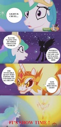 Size: 842x1741 | Tagged: safe, edit, edited screencap, screencap, daybreaker, princess celestia, alicorn, pony, a royal problem, g4, my little pony: friendship is magic, female, mare, text, yumekui merry