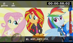 Size: 1024x600 | Tagged: safe, edit, edited screencap, screencap, fluttershy, rainbow dash, sunset shimmer, cinemare sins, equestria girls, g4, my little pony equestria girls: rainbow rocks, everything right/wrong with, guitar, musical instrument, ponied up, tambourine