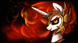 Size: 961x536 | Tagged: safe, artist:inowiseei, daybreaker, alicorn, pony, a royal problem, g4, female, helmet, looking at you, mane of fire, mare, smiling, solo