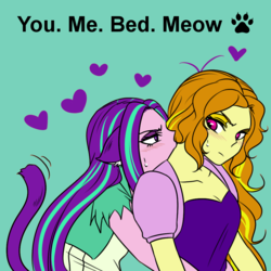 Size: 1000x1000 | Tagged: safe, artist:raika0306, edit, adagio dazzle, aria blaze, equestria girls, g4, my little pony equestria girls: rainbow rocks, animal ears, blushing, cat ears, cat tail, catgirl, clothes, female, floppy ears, heart, lesbian, looking back, nibbling, ship:adaria, shipping, simple background, spoken heart, tail, text, you. me. x. now.