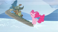 Size: 854x474 | Tagged: safe, screencap, pinkie pie, yona's sister, yuffie, earth pony, pony, g4, party pooped, calf, duo, female, helmet, horned helmet, mare, sled, viking helmet, yak calf