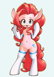 Size: 1447x2039 | Tagged: safe, artist:unousaya, pinkie pie, pony, semi-anthro, g4, :d, arm hooves, big hair, bipedal, both cutie marks, clothes, cute, diapinkes, donkey ears, female, happy, human facial structure, long ears, looking at you, mare, raised arm, simple background, smiling, socks, solo, thigh highs