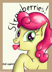 Size: 1068x1463 | Tagged: safe, artist:bluemeganium, strawberry sunrise, pony, g4, honest apple, female, food, herbivore, mouth hold, smiling, solo, strawberry, strawberry savage, that pony sure does love strawberries