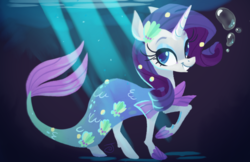 Size: 1096x712 | Tagged: safe, artist:janegumball, rarity, pony, unicorn, g4, bubble, clothes, costume, crepuscular rays, dress, female, grin, mare, mermarity, nightmare night costume, raised hoof, rarity's mermaid dress, smiling, solo, underwater