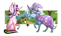 Size: 1024x613 | Tagged: safe, artist:duchesslummina, starlight glimmer, trixie, pony, unicorn, g4, bouquet, female, flower, lesbian, mare, ship:startrix, shipping