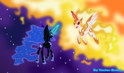 Size: 7944x4666 | Tagged: safe, artist:vector-brony, daybreaker, nightmare moon, alicorn, pony, a royal problem, g4, absurd resolution, duo, evil, female, magic, mare, sisters, smiling