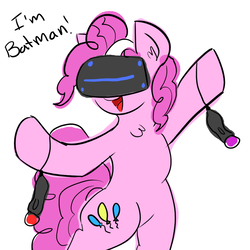 Size: 1000x1000 | Tagged: safe, artist:someponys-scribbles, pinkie pie, earth pony, pony, g4, batman: arkham vr, bipedal, chest fluff, cute, dialogue, female, fun, open mouth, playing, simple background, smiling, solo, video game, virtual reality, white background
