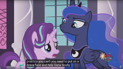 Size: 960x540 | Tagged: safe, screencap, princess luna, starlight glimmer, pony, a royal problem, g4, my little pony: friendship is magic, crossover, dana scully, meme, x-files, youtube caption