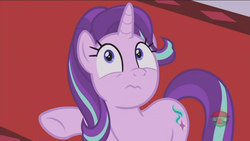 Size: 1366x768 | Tagged: safe, screencap, starlight glimmer, pony, unicorn, a royal problem, g4, canterlot castle, carpet, expression, female, mare, oh crap, raised hoof, red carpet, solo, treehouse logo, wavy mouth