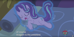 Size: 1920x970 | Tagged: safe, screencap, starlight glimmer, pony, a royal problem, g4, aragorn, cute, female, implied shipping, lord of the rings, meme, sleeping, solo, youtube caption