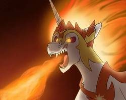Size: 1243x984 | Tagged: safe, artist:rockin_candies, daybreaker, alicorn, pony, a royal problem, g4, female, fire, fire breath, mane of fire, solo