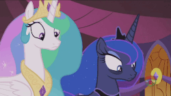 Size: 1000x562 | Tagged: safe, screencap, princess celestia, princess luna, alicorn, pony, a royal problem, g4, animated, bags under eyes, female, gif, glare, snorting, this will end in tears, this will end in tears and/or a journey to the moon, unamused