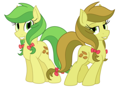 Size: 1400x1000 | Tagged: safe, artist:terton, apple fritter, apple strudely, earth pony, pony, g4, apple family member, duo, female, grin, looking at you, mare, pigtails, simple background, smiling, transparent background