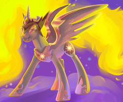 Size: 6000x5000 | Tagged: safe, artist:mylittlegodzilla, daybreaker, alicorn, pony, a royal problem, g4, absurd resolution, fangs, female, grin, mane of fire, smiling, solo, spread wings, wings