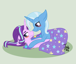 Size: 1024x861 | Tagged: safe, artist:jaythecatlover, starlight glimmer, trixie, pony, unicorn, g4, blushing, clothes, female, green background, lesbian, mare, shared clothing, ship:startrix, shipping, simple background, tsundere