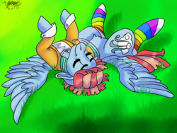 Size: 1600x1200 | Tagged: safe, artist:brainiac, windy whistles, pegasus, pony, g4, clothes, cute, eyes closed, female, floppy ears, freckles, grass, mare, mom, on back, rainbow socks, socks, solo, striped socks, sun bathing, windybetes