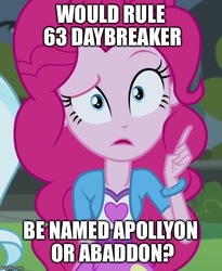 Size: 500x609 | Tagged: safe, edit, edited screencap, screencap, daybreaker, pinkie pie, a royal problem, equestria girls, g4, my little pony equestria girls: friendship games, apollyon, confused, cropped, female, image macro, looking at you, meme, question, rule 63, solo