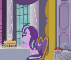 Size: 354x300 | Tagged: safe, screencap, starlight glimmer, pony, unicorn, a royal problem, g4, season 7, animated, aweeg*, cropped, cute, eating, eyes closed, female, food, fruit, gif, glimmerbetes, glowing horn, herbivore, horn, loop, magic, mare, nom, pancakes, puffy cheeks, sitting, smiling, solo, telekinesis