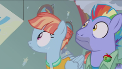 Size: 1366x768 | Tagged: safe, screencap, bow hothoof, windy whistles, pegasus, pony, g4, parental glideance, female, male, mare, rainbow dash's parents, ship:windyhoof, stallion, treehouse logo, wide eyes