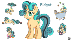 Size: 3840x2160 | Tagged: safe, artist:pirill, oc, oc only, oc:fidget, object pony, original species, pony, unicorn, :p, :t, bathtub, cheek fluff, chest fluff, clothes, cute, eyes closed, falling, female, fidget spinner, floppy ears, fluffy, flying, frown, glowing horn, grin, gritted teeth, high res, horn, levitation, lidded eyes, looking at you, looking up, magic, mare, mismatched socks, on back, pointing, ponified, prone, raised hoof, reference sheet, rule 85, shirt, shoulder fluff, silly, simple background, smiling, smirk, socks, solo, striped socks, sunglasses, swegway, tailcopter, telekinesis, tongue out, wat, white background, 🅱
