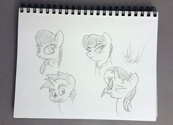 Size: 1300x935 | Tagged: safe, artist:fuzon-s, octavia melody, snips, sunset shimmer, pony, g4, asako kishi, bust, iron chef, one eye closed, pencil drawing, ponified, request, sketch, traditional art, wink