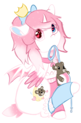 Size: 677x1020 | Tagged: safe, artist:otpl, artist:pastel-pony-princess, oc, oc only, oc:dreamy stars, pony, bow, clothes, collar, colored wings, colored wingtips, floating crown, floppy ears, hair bow, heart eyes, heterochromia, leg warmers, mouth hold, short tail, simple background, sitting, solo, sparkly mane, teddy bear, transparent background, wingding eyes