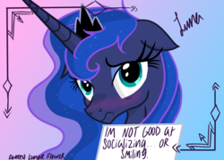 Size: 4823x3445 | Tagged: safe, artist:darkest-lunar-flower, princess luna, alicorn, pony, a royal problem, g4, absurd resolution, adorkable, anxiety, blushing, bronybait, bust, cute, dork, embarrassed, female, floppy ears, frown, gradient background, headcanon, lidded eyes, looking at you, lunabetes, mare, messy mane, neurodivergent, neurodivergent headcanon, pony shaming, portrait, sad, self deprecation, shaming, shy, sign, social anxiety, solo