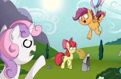 Size: 3900x2550 | Tagged: safe, artist:zsparkonequus, apple bloom, scootaloo, sweetie belle, earth pony, pony, g4, parental glideance, balloon, cutie mark crusaders, female, filly, floating, high res, mare, mountain, sun, this will end in tears and/or death, trio