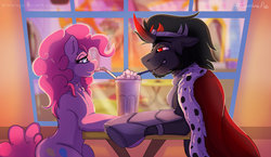 Size: 2500x1447 | Tagged: safe, artist:tai-l-rodriguez, king sombra, pinkie pie, earth pony, pony, unicorn, g4, armor, cape, clothes, colored horn, curved horn, dating, drinking, duo, female, floppy ears, horn, lidded eyes, looking at each other, male, mare, milkshake, sharing a drink, shipping, smiling, sombra horn, sombrapie, stallion, straight, straw, sunset, table, window