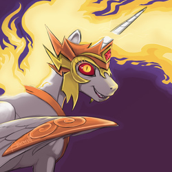 Size: 1000x1000 | Tagged: safe, artist:arareroll, daybreaker, alicorn, pony, a royal problem, g4, armor, evil, evil grin, female, grin, helmet, looking at you, majestic, mane of fire, mare, smiling, solo