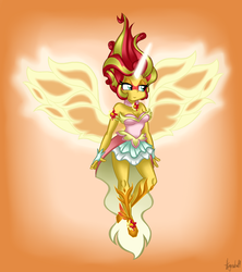 Size: 1024x1152 | Tagged: safe, artist:queentigrel, sunset shimmer, equestria girls, g4, art trade, breasts, clothes, daydream shimmer, dress, female, fiery shimmer, fiery wings, gradient background, lidded eyes, smiling, solo, spread wings, wings