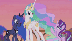 Size: 600x338 | Tagged: safe, screencap, princess celestia, princess luna, starlight glimmer, twilight sparkle, alicorn, pony, unicorn, a royal problem, g4, season 7, animated, cute, female, gif, glimmerbetes, looking at each other, mare, open mouth, spread wings, teleportation, twiabetes, twilight sparkle (alicorn), wings