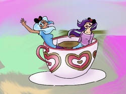 Size: 453x338 | Tagged: safe, artist:solarist97, starlight glimmer, trixie, human, g4, cup, disneyland, female, humanized, lesbian, ship:startrix, shipping, teacup, that pony sure does love teacups