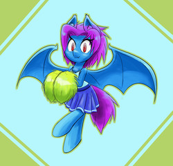 Size: 1178x1130 | Tagged: safe, artist:ikarooz, oc, oc only, bat pony, pony, abstract background, bat pony oc, cheerleader, clothes, cute, female, looking at you, mare, ocbetes, pom pom, skirt, smiling, solo, tank top