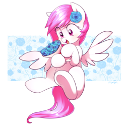 Size: 1600x1600 | Tagged: safe, artist:maren, oc, oc only, oc:leafy, pony, abstract background, blue rose, cute, female, flower, flower in hair, mare, ocbetes, rose, smiling, solo