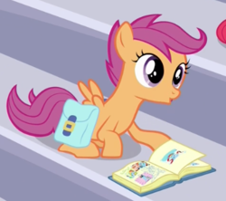 Size: 386x342 | Tagged: safe, screencap, scootaloo, pegasus, pony, g4, parental glideance, book, cropped, cute, cutealoo, female, filly, open mouth, reading, saddle bag, scrapbook, solo