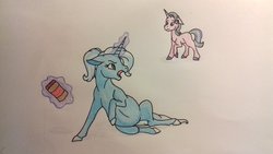 Size: 1024x576 | Tagged: safe, artist:cookiedragon282, starlight glimmer, trixie, pony, unicorn, g4, female, food, lesbian, mare, peanut butter, pregnant, ship:startrix, shipping, traditional art