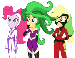 Size: 4452x3432 | Tagged: safe, artist:lifes-remedy, applejack, fili-second, mane-iac, mistress marevelous, pinkie pie, sunset shimmer, equestria girls, equestria girls specials, g4, my little pony equestria girls: movie magic, clothes, cosplay, costume, high res, power ponies, simple background, transparent background, trio, vector, wig