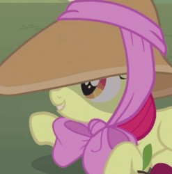 Size: 605x612 | Tagged: safe, screencap, apple bloom, earth pony, pony, g4, honest apple, season 7, adorabloom, animated, bow, cropped, cute, female, gif, hat, solo