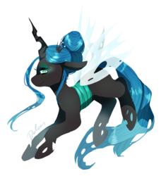 Size: 845x900 | Tagged: safe, artist:delois, queen chrysalis, changeling, changeling queen, g4, crown, female, hair bun, jewelry, looking at you, profile, regalia, simple background, smiling, solo, transparent wings, wings