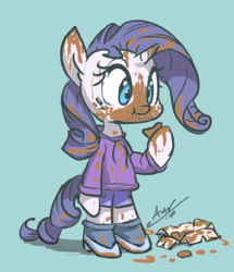 Size: 775x900 | Tagged: safe, artist:assasinmonkey, rarity, pony, unicorn, semi-anthro, g4, chocolate, clothes, cute, female, food, hoof hold, mare, messy, messy eating, raribetes, shorts, signature, simple background, solo, teal background
